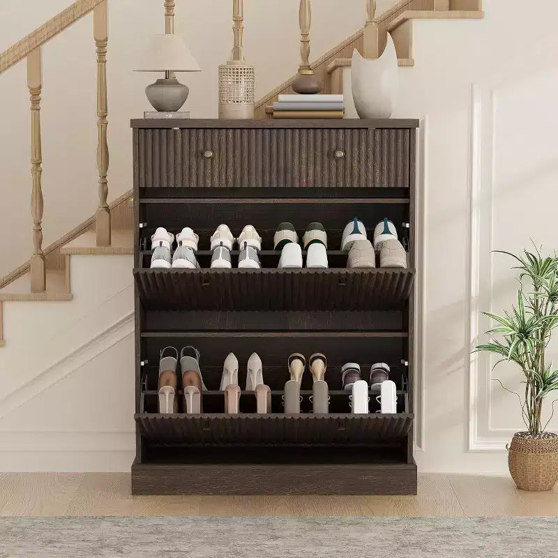Fluted Shoe Cabinet with Flip-Down Doors and Top Drawer
