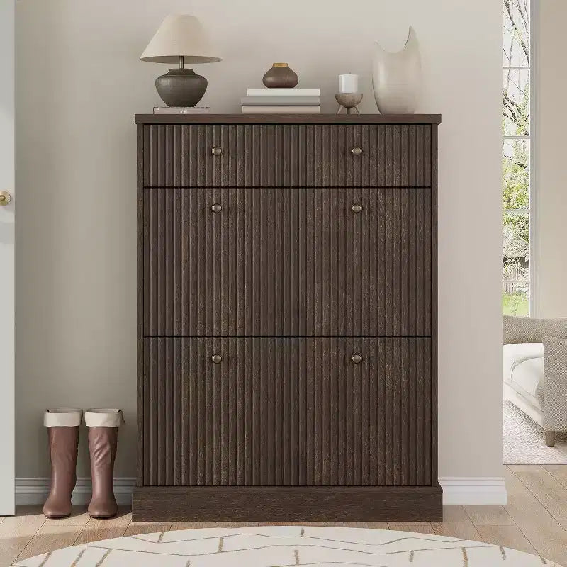 Fluted Shoe Cabinet with Flip-Down Doors and Top Drawer
