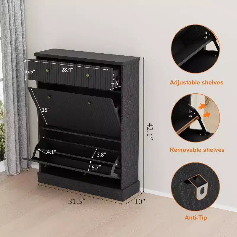 Fluted Shoe Cabinet with Flip-Down Doors and Top Drawer