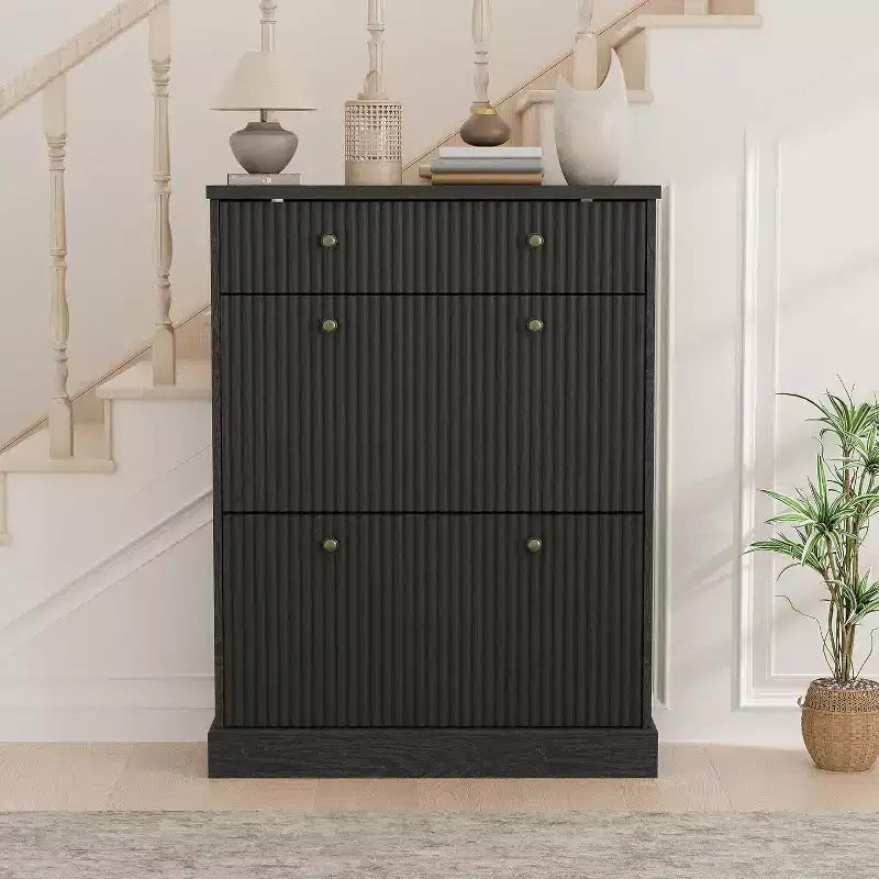 Fluted Shoe Cabinet with Flip-Down Doors and Top Drawer