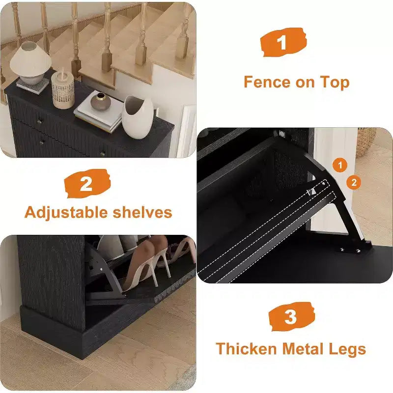 Fluted Shoe Cabinet with Flip-Down Doors and Top Drawer