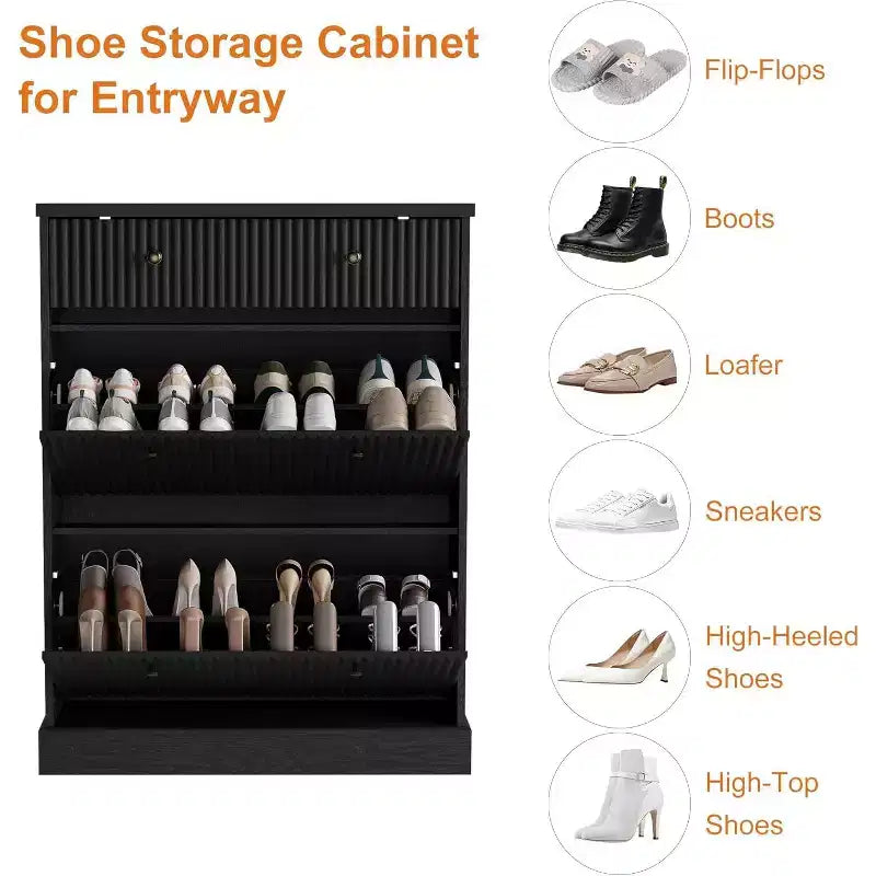 Fluted Shoe Cabinet with Flip-Down Doors and Top Drawer