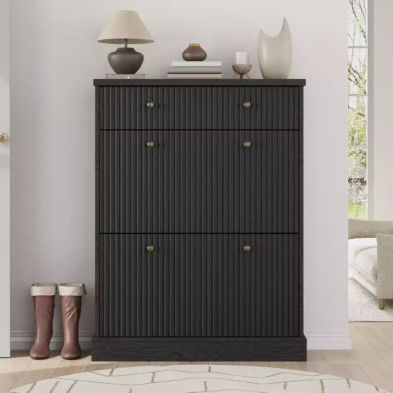 Fluted Shoe Cabinet with Flip-Down Doors and Top Drawer