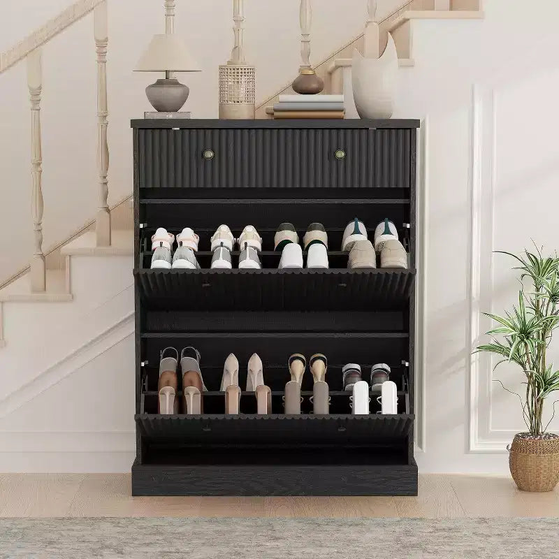 Fluted Shoe Cabinet with Flip-Down Doors and Top Drawer