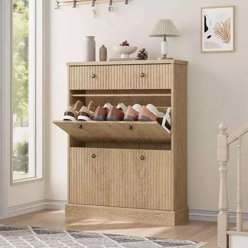 Fluted Shoe Cabinet with Flip-Down Doors and Top Drawer