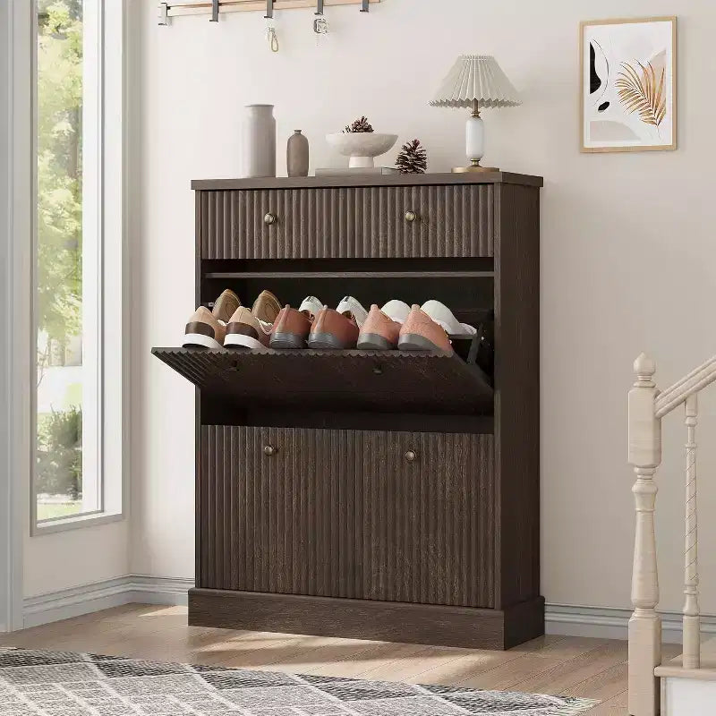 Fluted Shoe Cabinet with Flip-Down Doors and Top Drawer