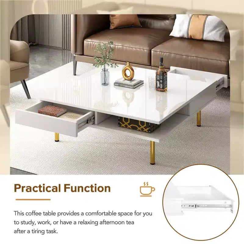 Coffee Table with Drawers and Open Storage, White