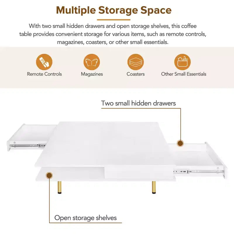 Coffee Table with Drawers and Open Storage, White