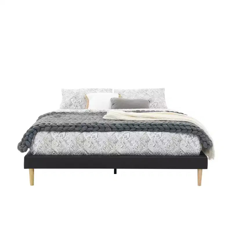 Platform Bed Frame with Faux Leather Upholstery