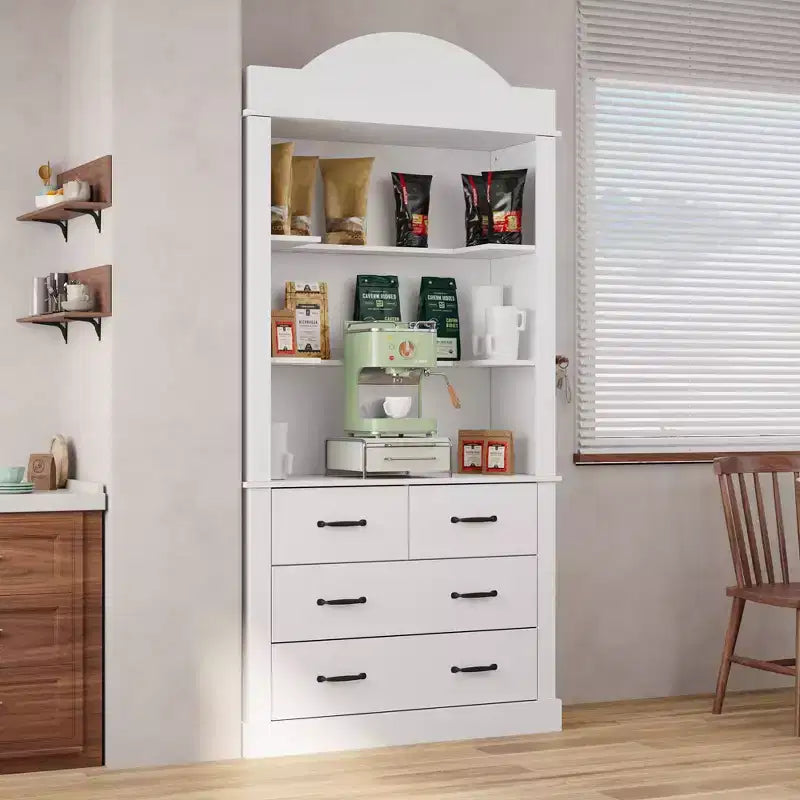 Freestanding Kitchen Pantry Cabinet with 4 Drawers and Open Shelves