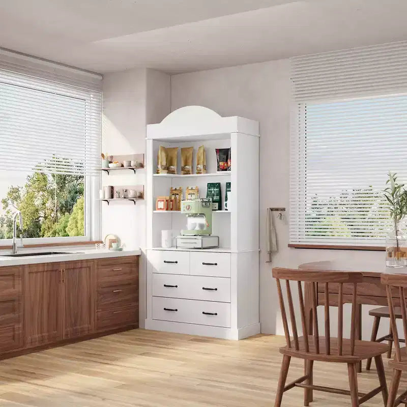 Freestanding Kitchen Pantry Cabinet with 4 Drawers and Open Shelves