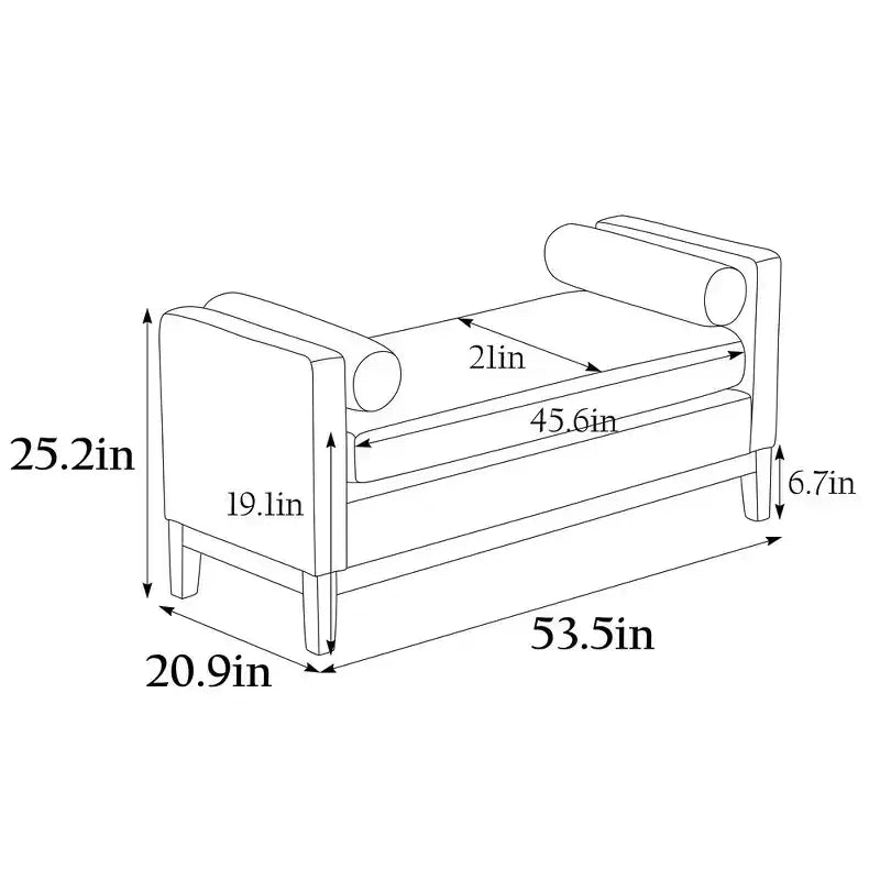 53.5" Upholstered Storage Bench with Wood Legs and Bolster Pillows, Black