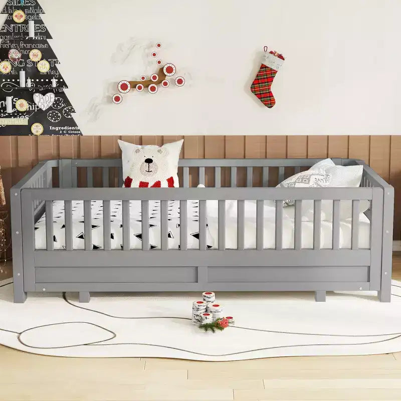 Twin/Twin XL Convertible Platform Bed with Guardrails and Solid Wood Frame