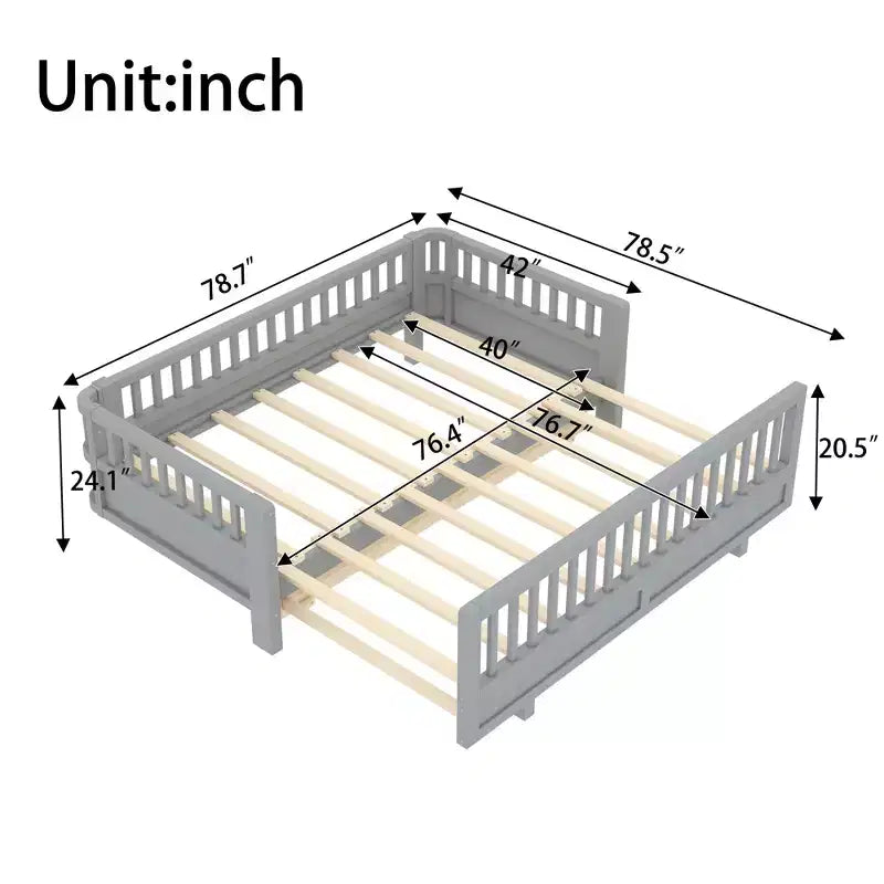 Twin/Twin XL Convertible Platform Bed with Guardrails and Solid Wood Frame