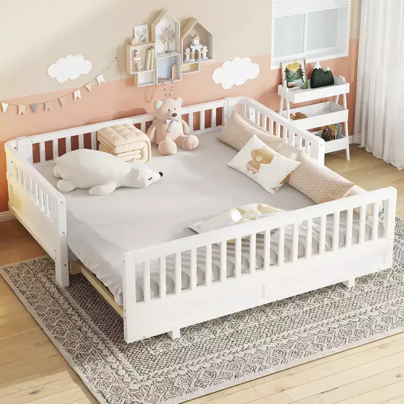 Twin/Twin XL Convertible Platform Bed with Guardrails and Solid Wood Frame