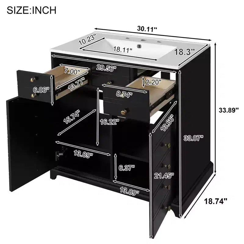 30 Bathroom Vanity with Sink, Bathroom storage Cabinet with Drwers and Soft Closing Doors, Black