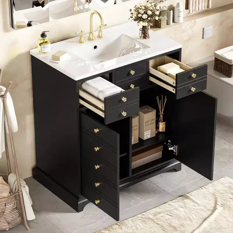 30 Bathroom Vanity with Sink, Bathroom storage Cabinet with Drwers and Soft Closing Doors, Black