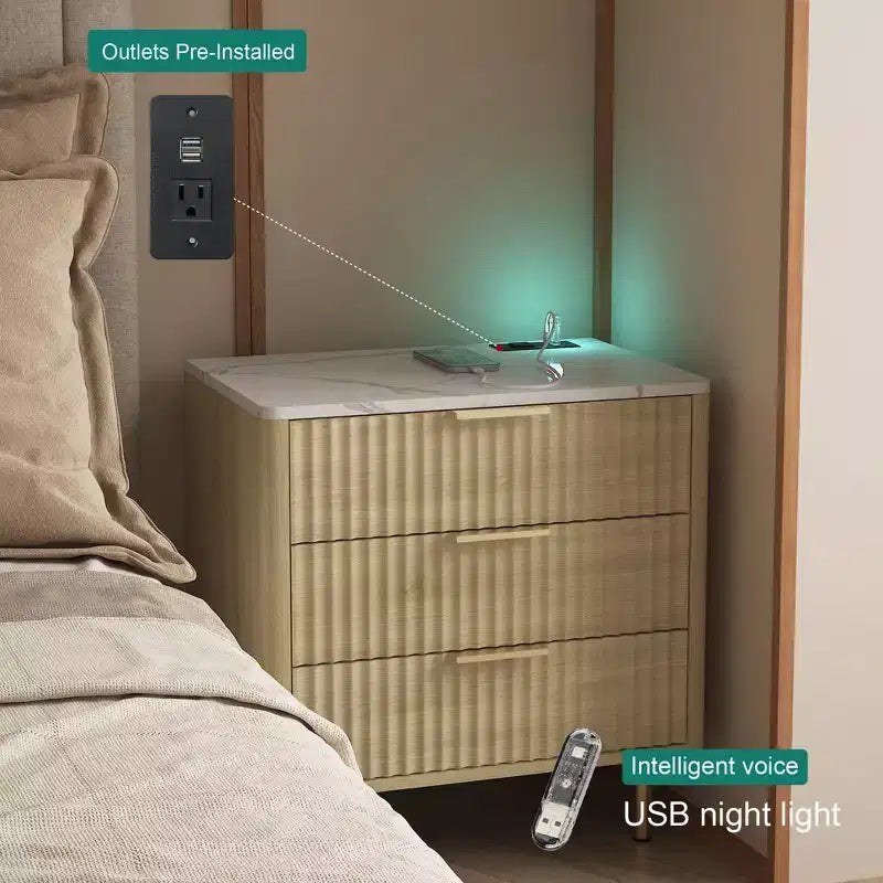 TUYOHW Smart Nightstand with Voice-Controlled Night Light & Charging Station,Bedside Table with 3 Drawers,End Table for Bedroom,Living Room