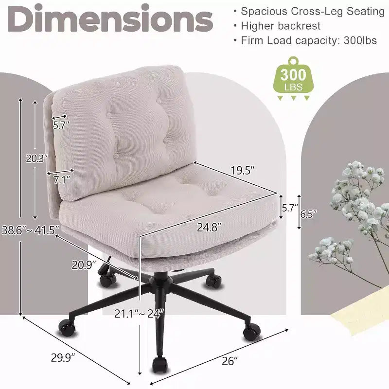 Cross Legged Office Chair with Swivel, Corduroy Upholstered Desk Chair, Light Khaki