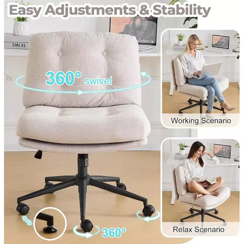 Cross Legged Office Chair with Swivel, Corduroy Upholstered Desk Chair, Light Khaki