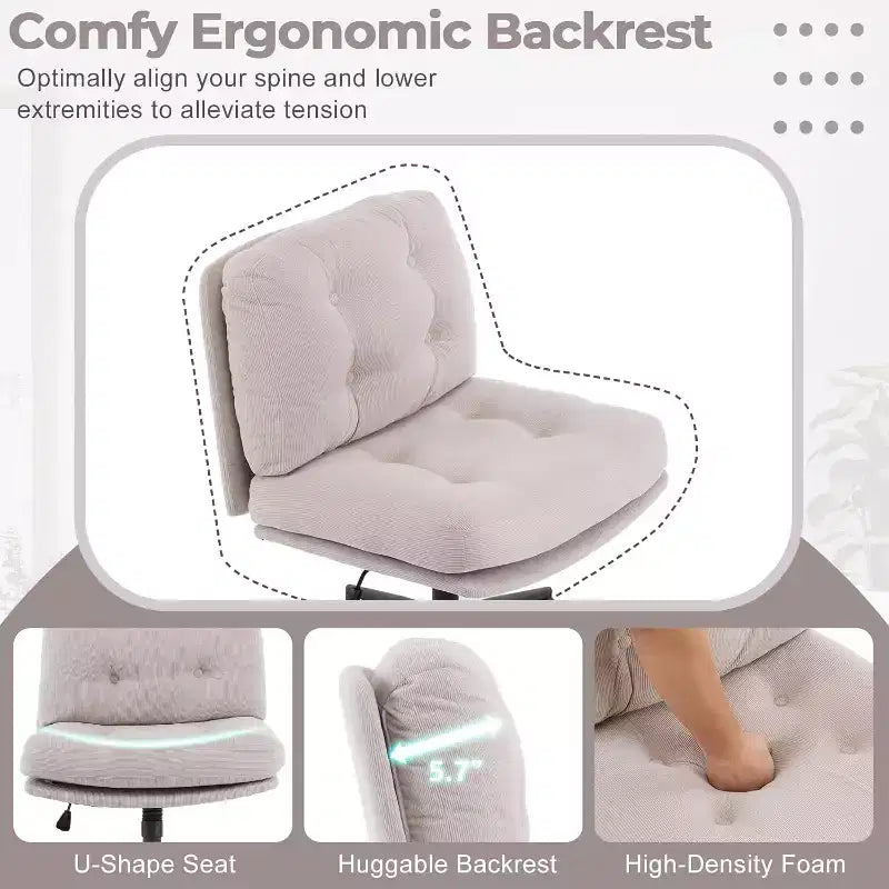 Cross Legged Office Chair with Swivel, Corduroy Upholstered Desk Chair, Light Khaki