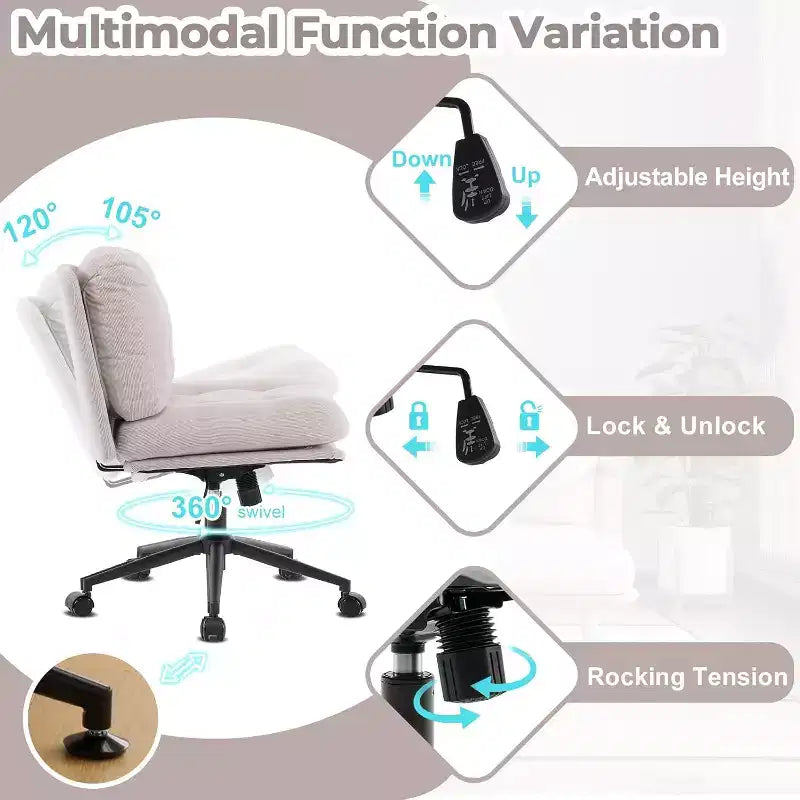 Cross Legged Office Chair with Swivel, Corduroy Upholstered Desk Chair, Light Khaki