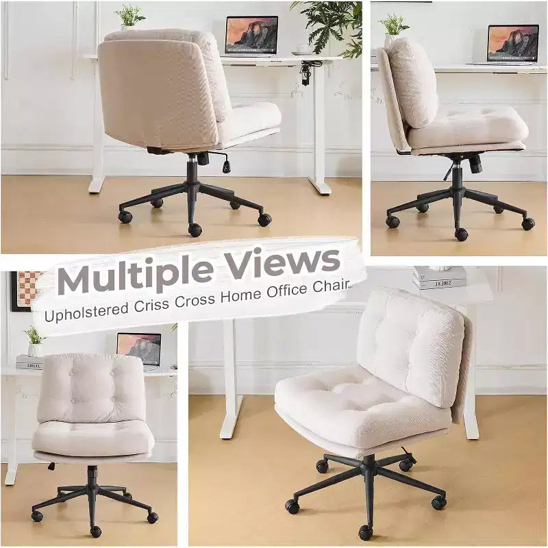 Cross Legged Office Chair with Swivel, Corduroy Upholstered Desk Chair, Light Khaki