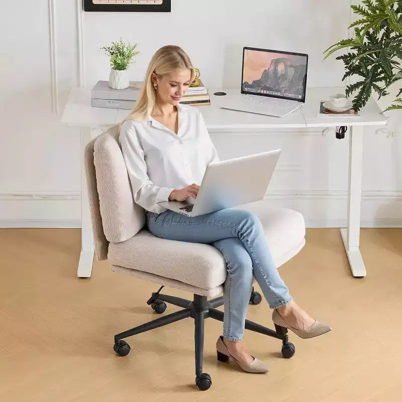 Cross Legged Office Chair with Swivel, Corduroy Upholstered Desk Chair, Light Khaki