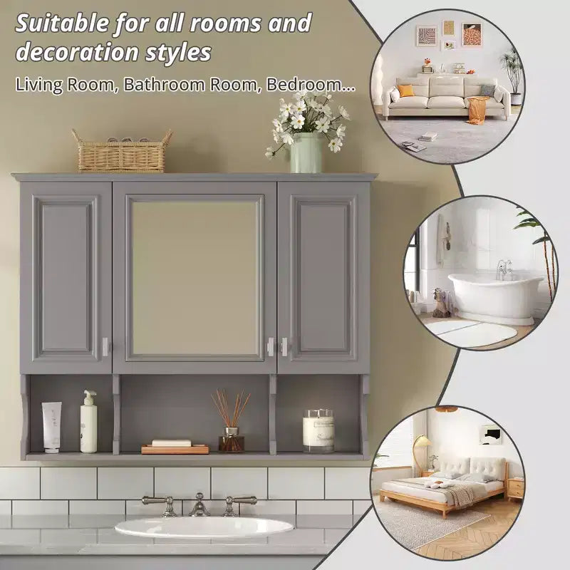 35 x 28 Wall Mounted Mirror Medicine Cabinet with Open Shelves