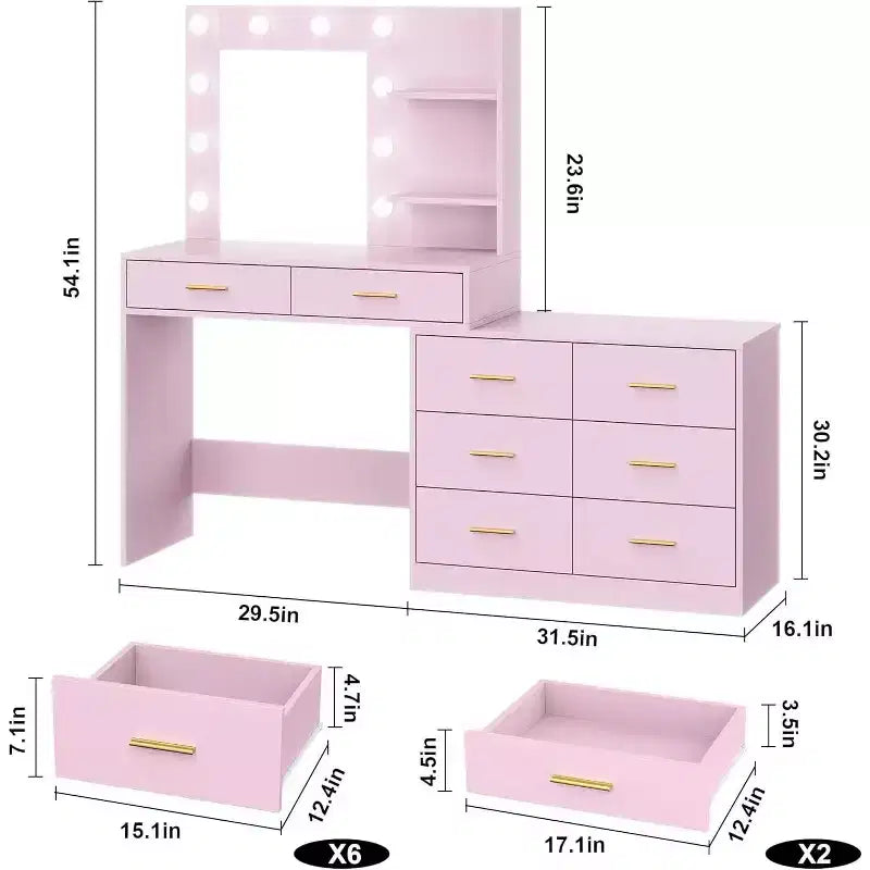 61-Inch Vanity Desk with Lighted Mirror, 8 Drawers and 2 Shelves