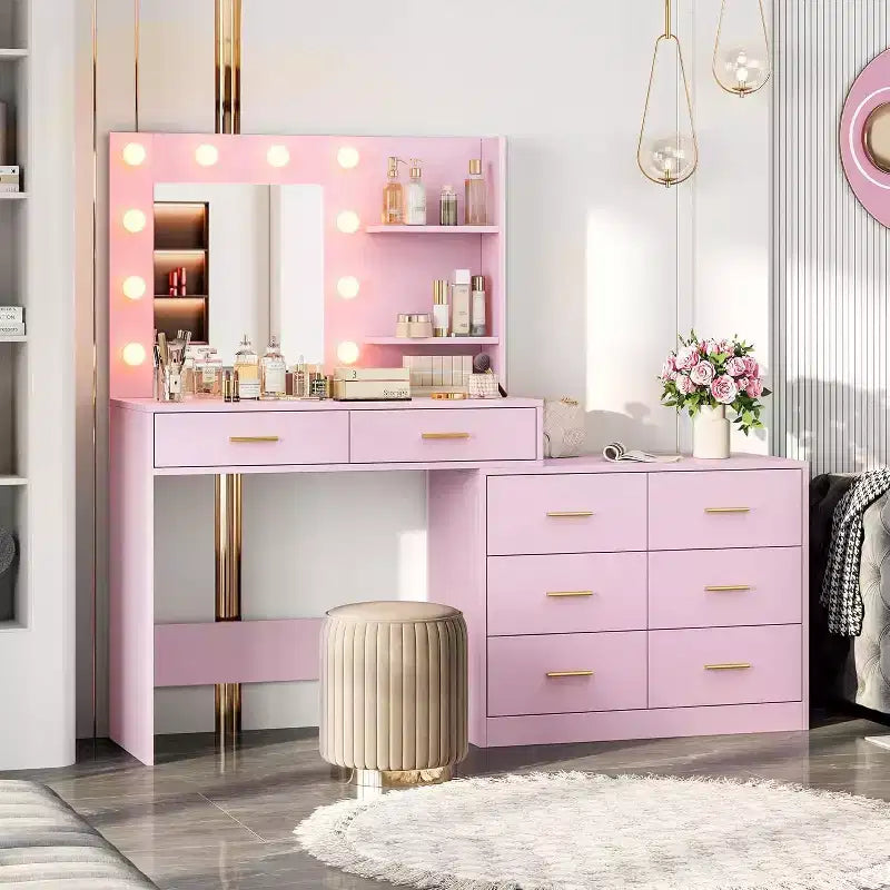 61-Inch Vanity Desk with Lighted Mirror, 8 Drawers and 2 Shelves