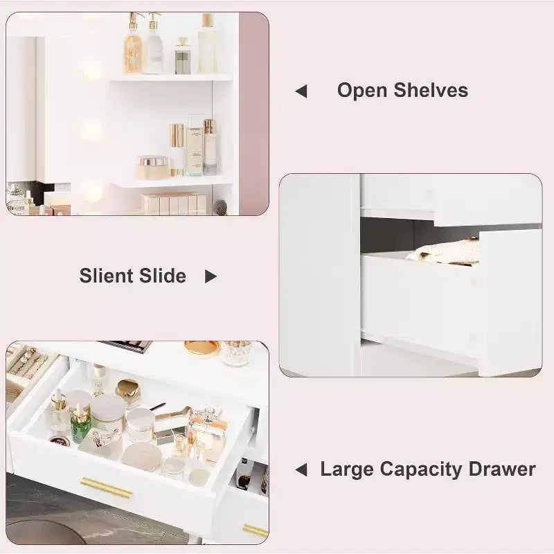 61-Inch Vanity Desk with Lighted Mirror, 8 Drawers and 2 Shelves