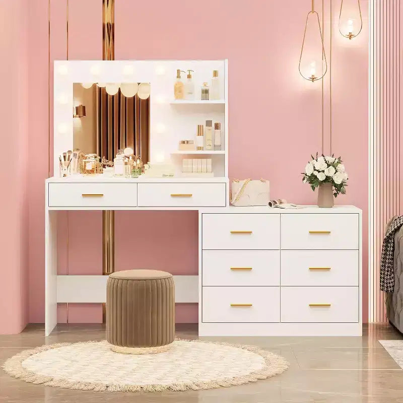 61-Inch Vanity Desk with Lighted Mirror, 8 Drawers and 2 Shelves