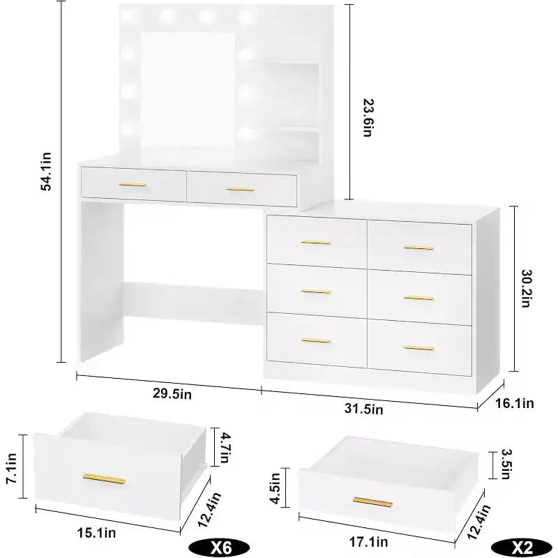 61-Inch Vanity Desk with Lighted Mirror, 8 Drawers and 2 Shelves