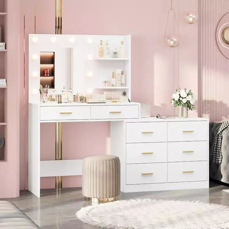 61-Inch Vanity Desk with Lighted Mirror, 8 Drawers and 2 Shelves