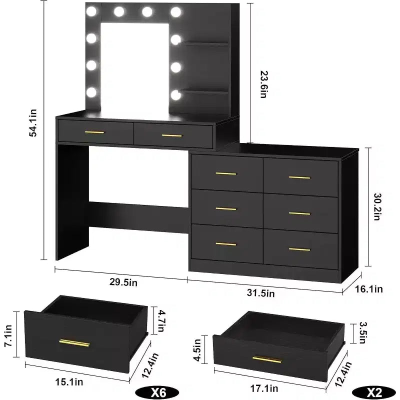 61-Inch Vanity Desk with Lighted Mirror, 8 Drawers and 2 Shelves