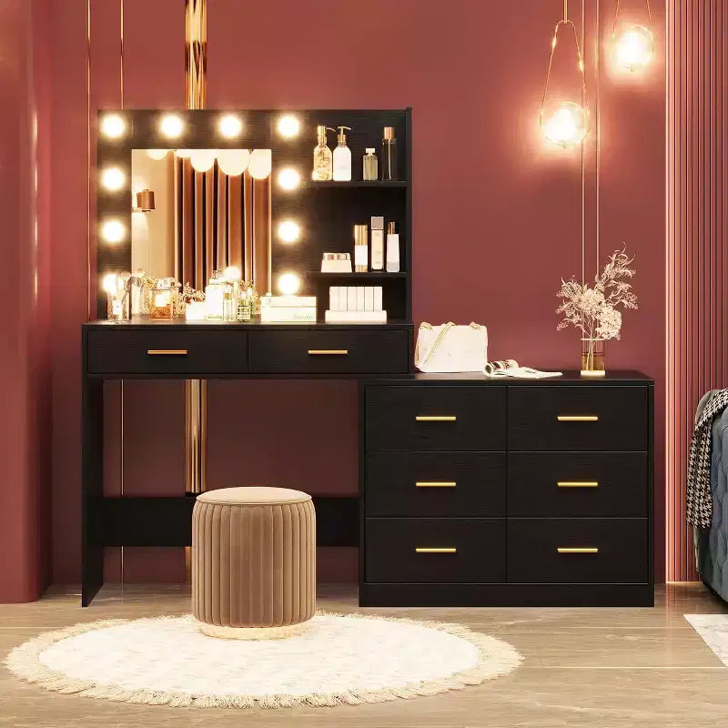 61-Inch Vanity Desk with Lighted Mirror, 8 Drawers and 2 Shelves