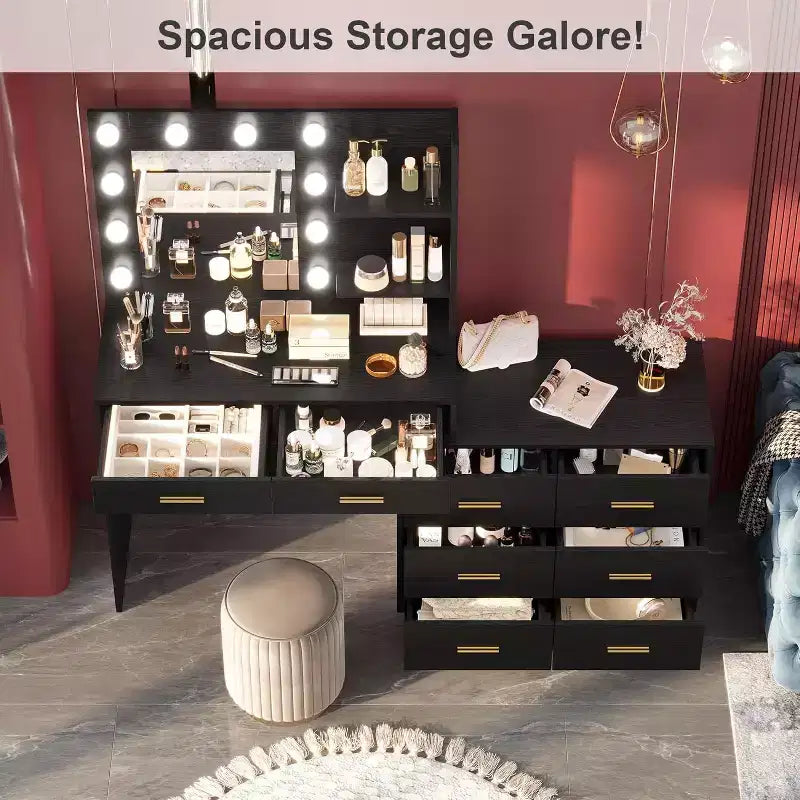 61-Inch Vanity Desk with Lighted Mirror, 8 Drawers and 2 Shelves