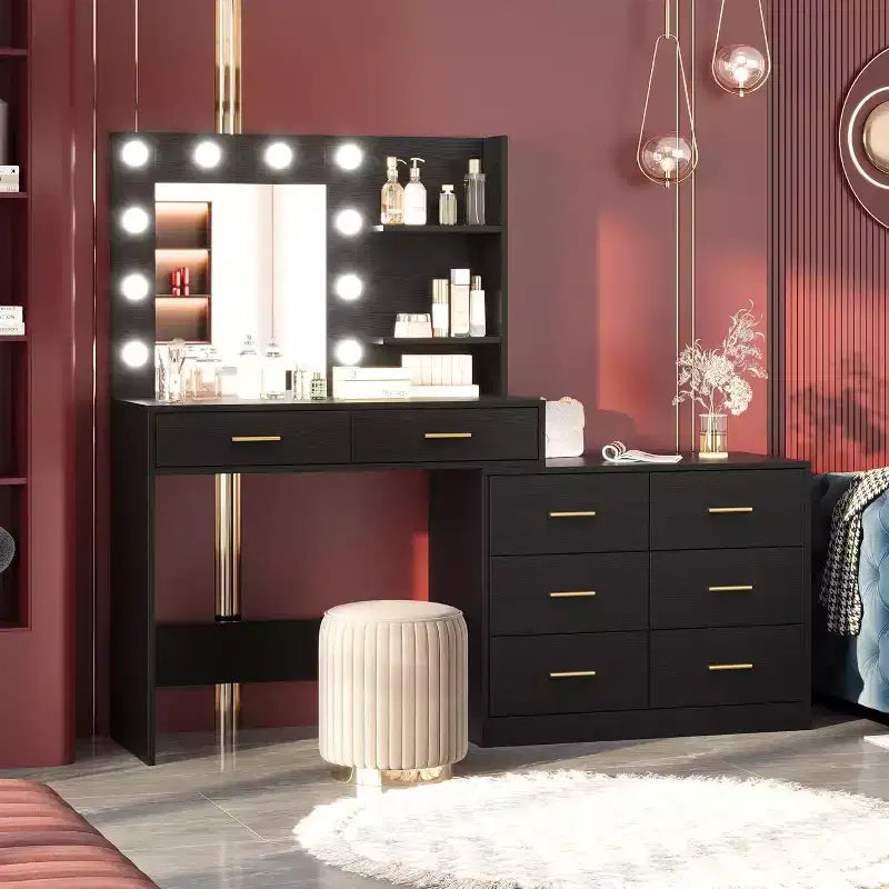 61-Inch Vanity Desk with Lighted Mirror, 8 Drawers and 2 Shelves