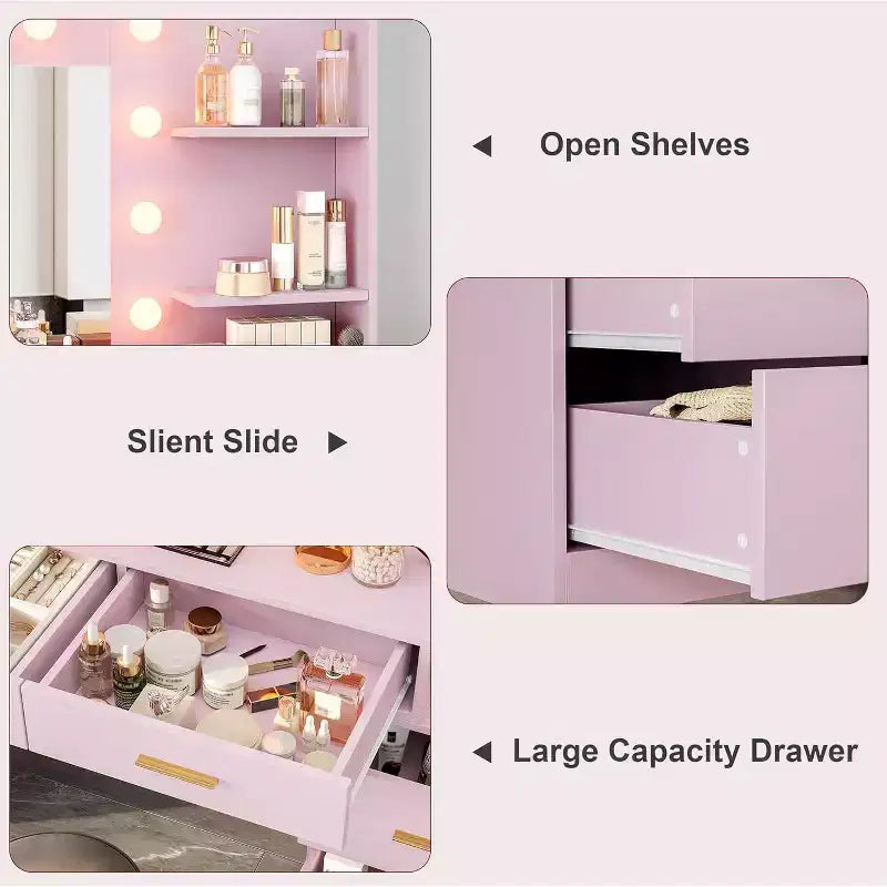 61-Inch Vanity Desk with Lighted Mirror, 8 Drawers and 2 Shelves