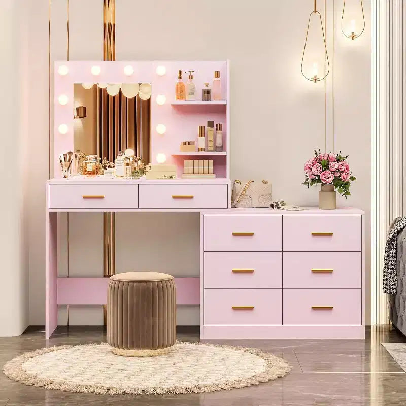 61-Inch Vanity Desk with Lighted Mirror, 8 Drawers and 2 Shelves