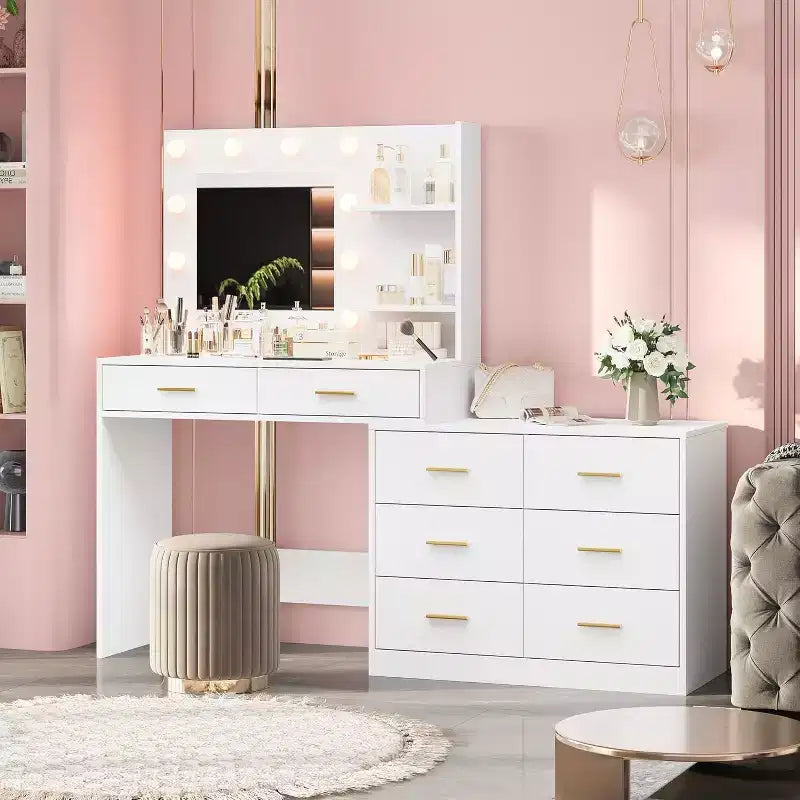 61-Inch Vanity Desk with Lighted Mirror, 8 Drawers and 2 Shelves