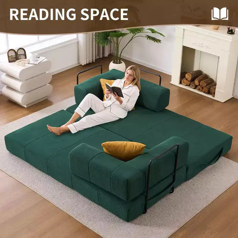 4-in-1 Convertible Sofa Bed, Corduroy Floor Couch with Metal Arms and 2 Pillows