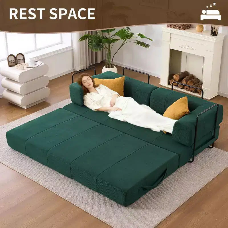4-in-1 Convertible Sofa Bed, Corduroy Floor Couch with Metal Arms and 2 Pillows