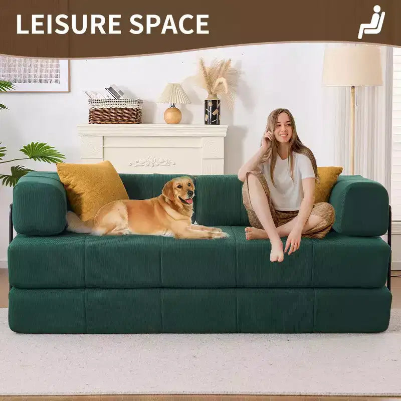 4-in-1 Convertible Sofa Bed, Corduroy Floor Couch with Metal Arms and 2 Pillows
