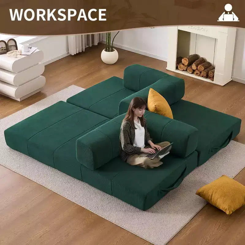 4-in-1 Convertible Sofa Bed, Corduroy Floor Couch with Metal Arms and 2 Pillows