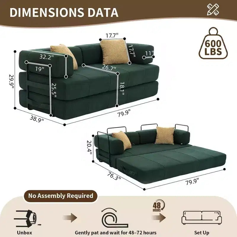 4-in-1 Convertible Sofa Bed, Corduroy Floor Couch with Metal Arms and 2 Pillows