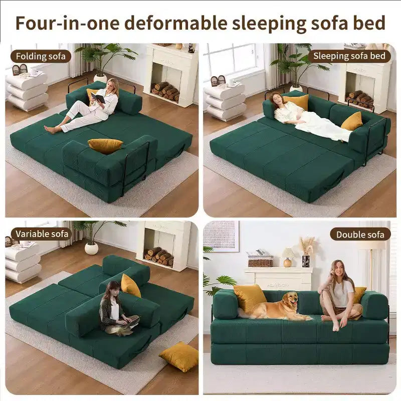 4-in-1 Convertible Sofa Bed, Corduroy Floor Couch with Metal Arms and 2 Pillows