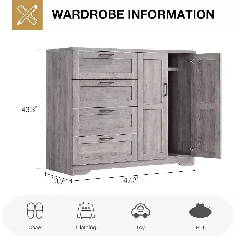 Double-Door 4-Drawer Wardrobe with Storage Shelves – Gray