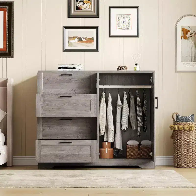 Double-Door 4-Drawer Wardrobe with Storage Shelves – Gray